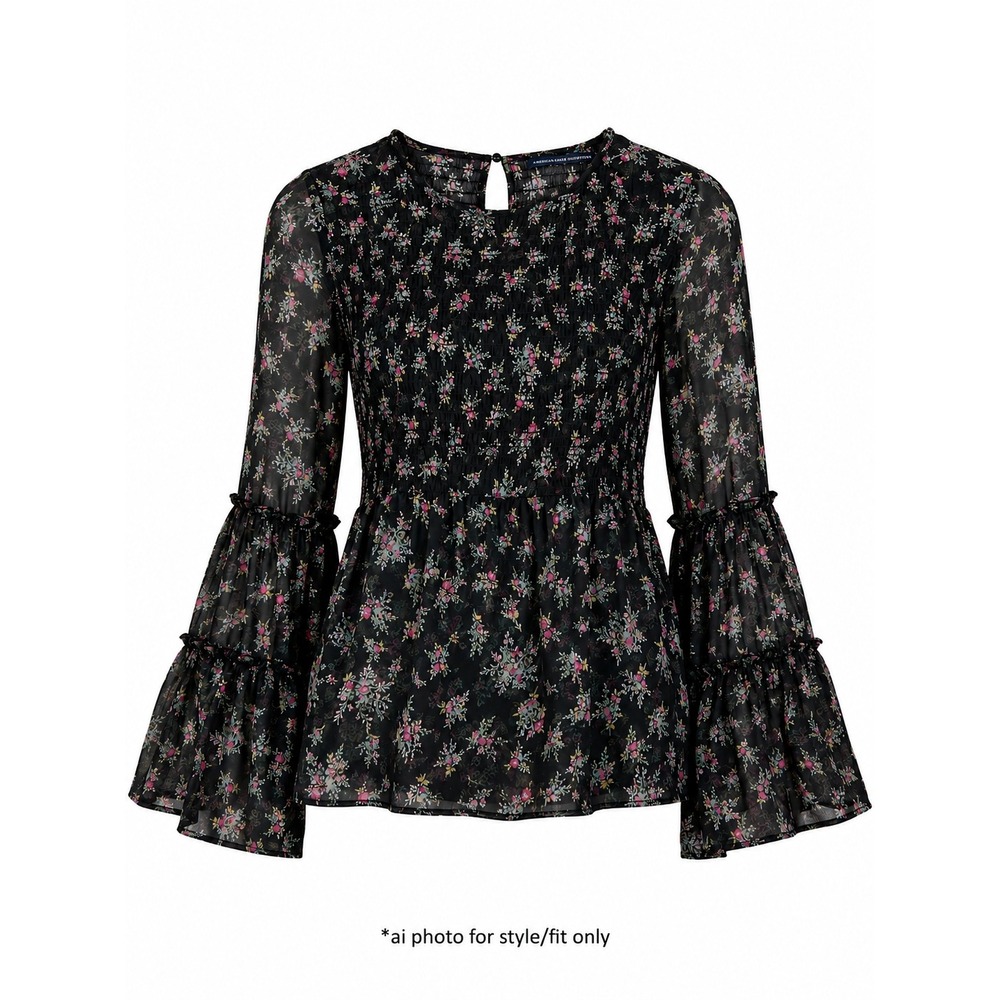 American Eagle Smocked Floral Peplum Blouse Women's M Bell Sleeve Boho Sheer